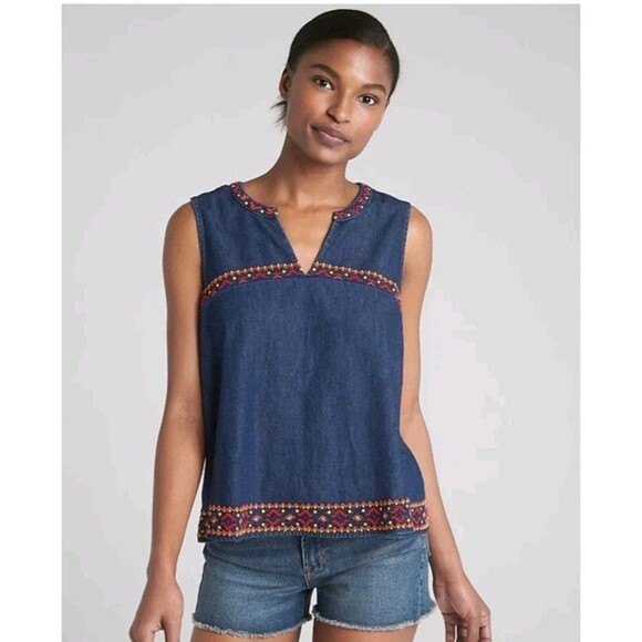 Gap Denim Multicolor Embroidered Sleeveless Jean Top Size L Women's Pocahontas - Picture 1 of 8